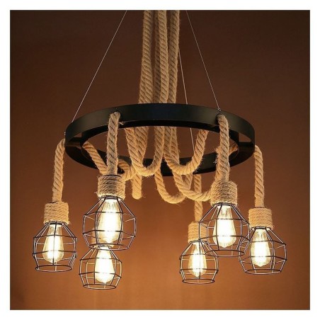 Lampadario a sospensione industriale retrò in corda di canapa, 6 luci, paralume in ferro