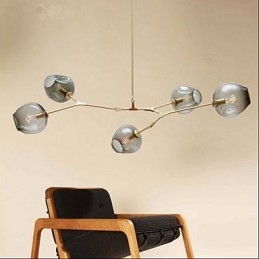 Lampadario tradizionale/classico retrò rustico in legno/bambù oro con paralume in vetro grigio, 2 lampadine E26/E27
