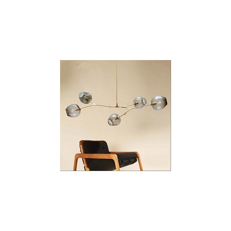 Lampadario tradizionale/classico retrò rustico in legno/bambù oro con paralume in vetro grigio, 2 lampadine E26/E27