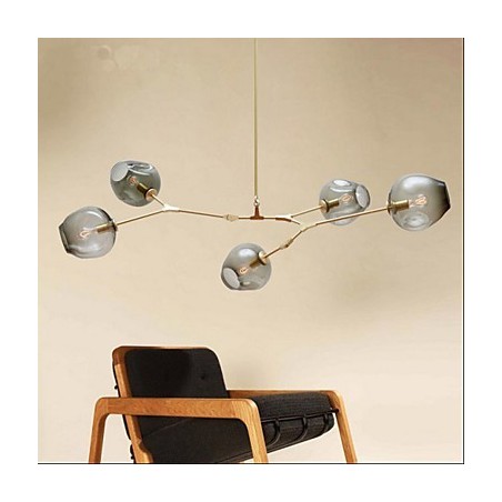 Lampadario tradizionale/classico retrò rustico in legno/bambù oro con paralume in vetro grigio, 2 lampadine E26/E27