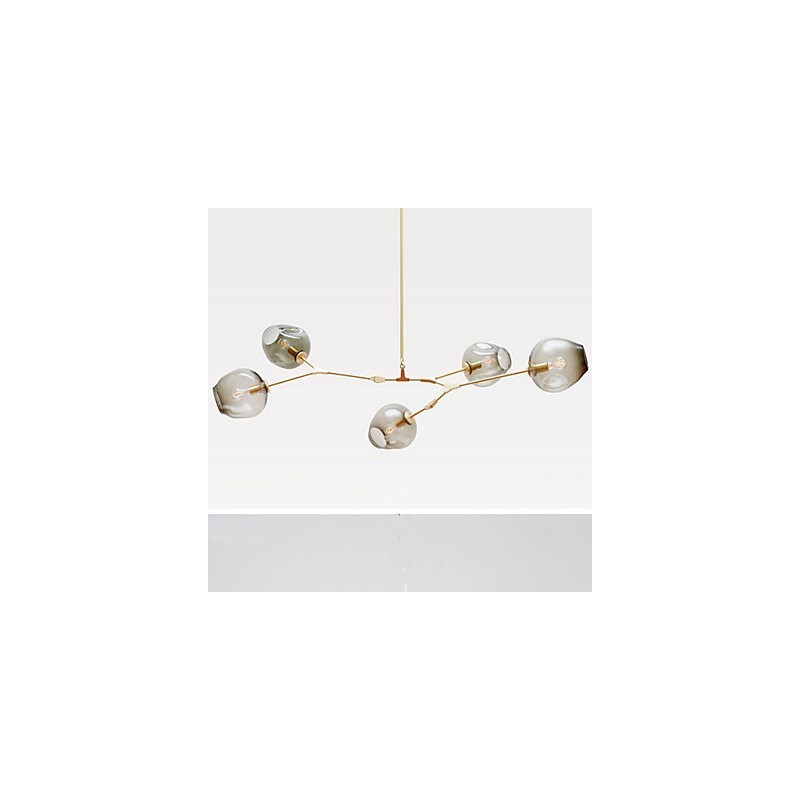 Lampadario tradizionale/classico retrò rustico in legno/bambù oro con paralume in vetro grigio, 2 lampadine E26/E27