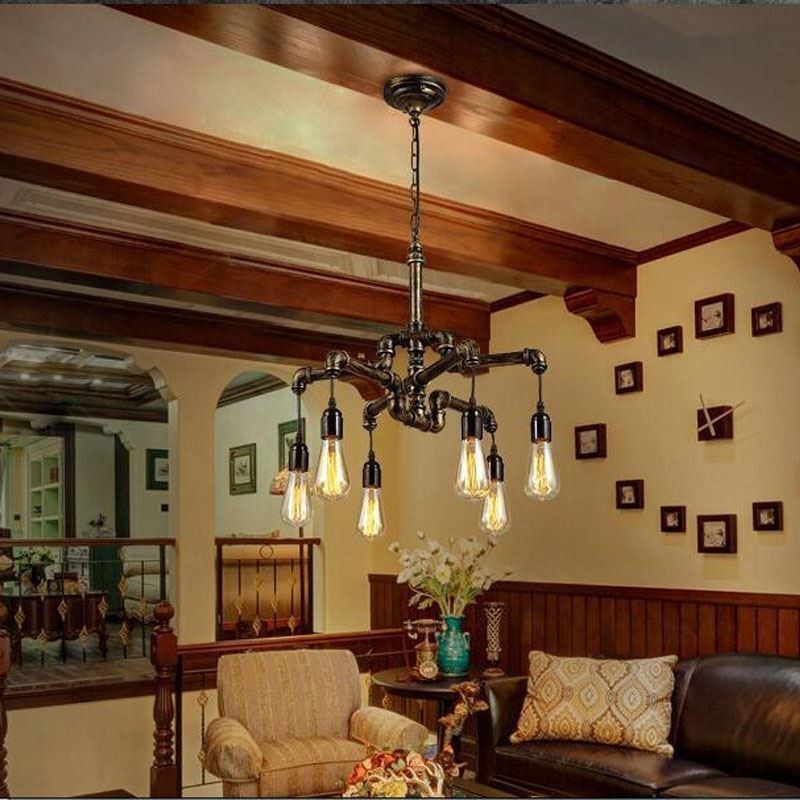 Lampadario a sospensione industriale retrò effetto tubo dell'acqua a 6 luci, stile rustico country