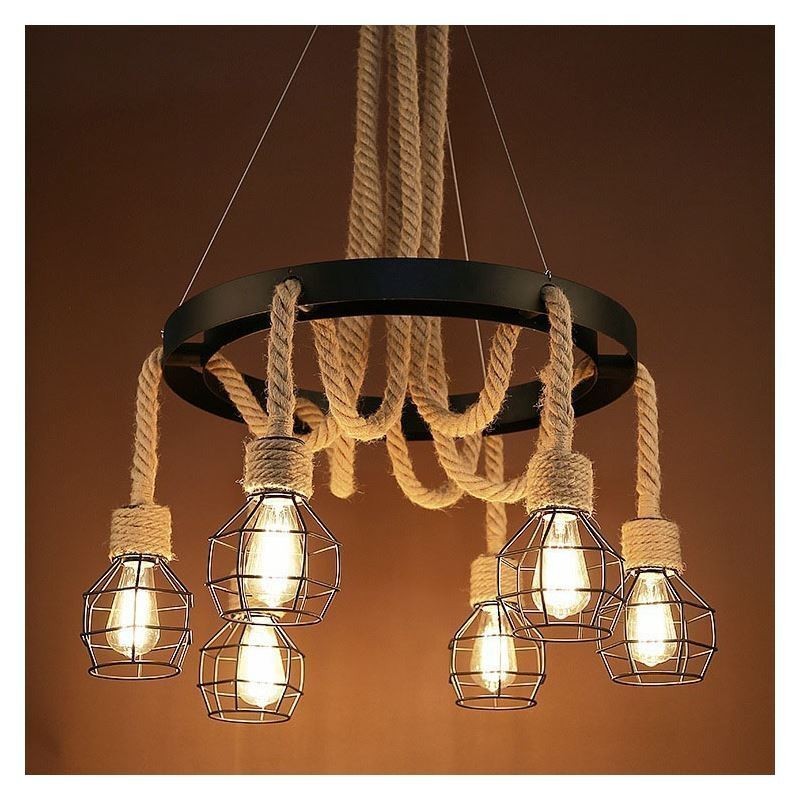 Lampadario a sospensione industriale retrò in corda di canapa a 6 luci con paralumi in ferro