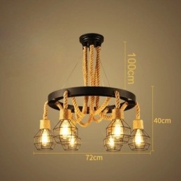 Lampadario a sospensione industriale retrò in corda di canapa a 6 luci con paralumi in ferro