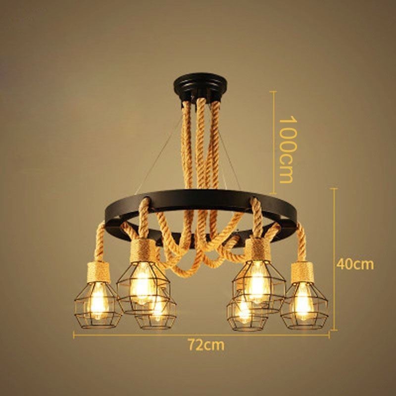 Lampadario a sospensione industriale retrò in corda di canapa a 6 luci con paralumi in ferro