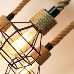 Lampadario a sospensione industriale retrò in corda di canapa a 6 luci con paralumi in ferro