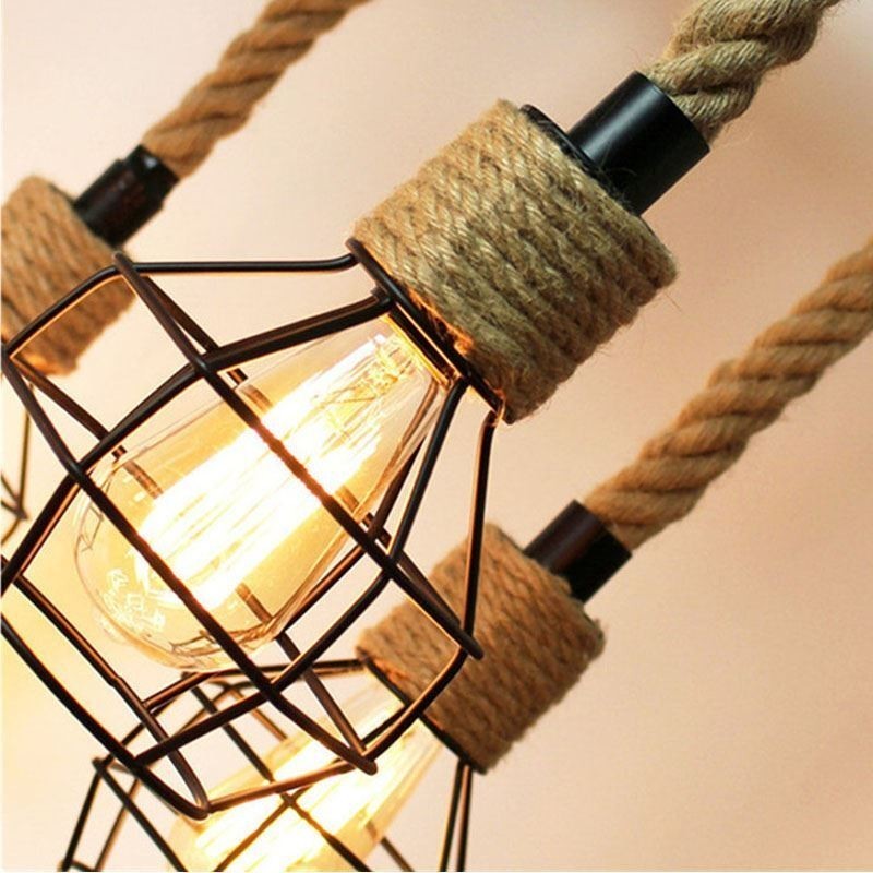 Lampadario a sospensione industriale retrò in corda di canapa a 6 luci con paralumi in ferro