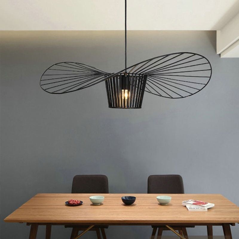 Lampada a sospensione in ferro con cappello in paglia, 1 luce