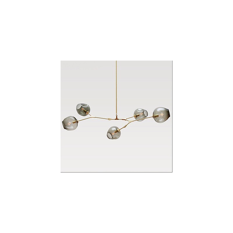 Lampadario tradizionale/classico retrò rustico in legno/bambù oro con paralume in vetro grigio, 2 lampadine E26/E27