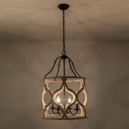 Lampada a sospensione vintage a lanterna 4 luci E12/E14 in legno 48x72 cm