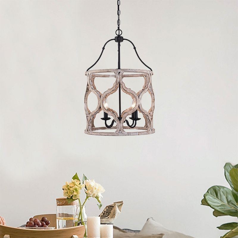 Lampada a sospensione vintage a lanterna 4 luci E12/E14 in legno 48x72 cm