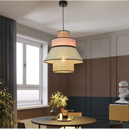 Lampada a sospensione in bambù con paralume in tessuto, 1 luce, E26/E27