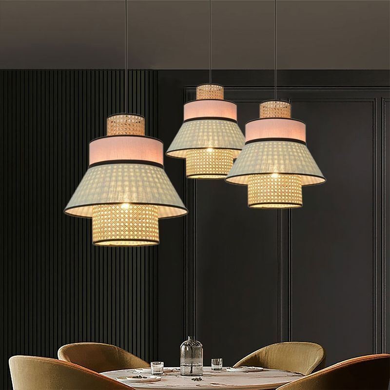 Lampada a sospensione in bambù con paralume in tessuto, 1 luce, E26/E27