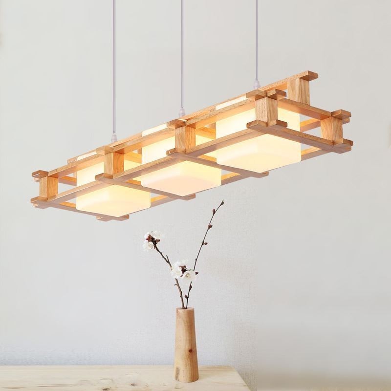 Lampada a sospensione nordica in rovere a 3 luci con paralumi in vetro