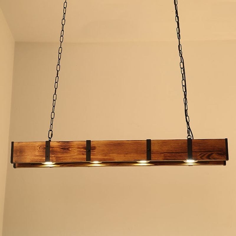 Lampada a sospensione industriale rettangolare in legno e ferro 4 luci LED 20 W