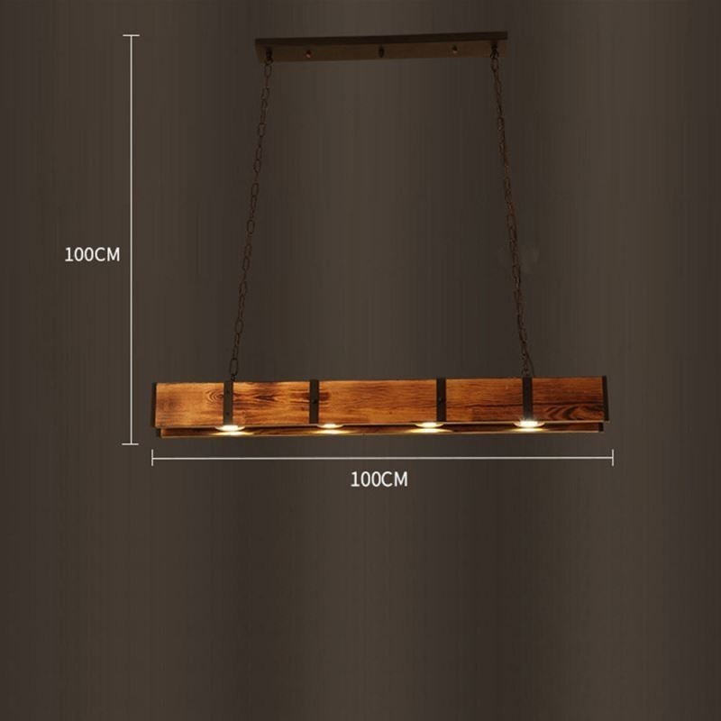 Lampada a sospensione industriale rettangolare in legno e ferro 4 luci LED 20 W