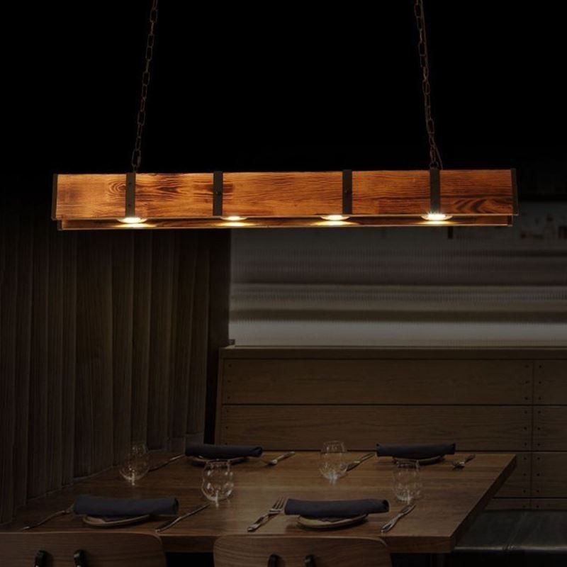 Lampada a sospensione industriale rettangolare in legno e ferro 4 luci LED 20 W