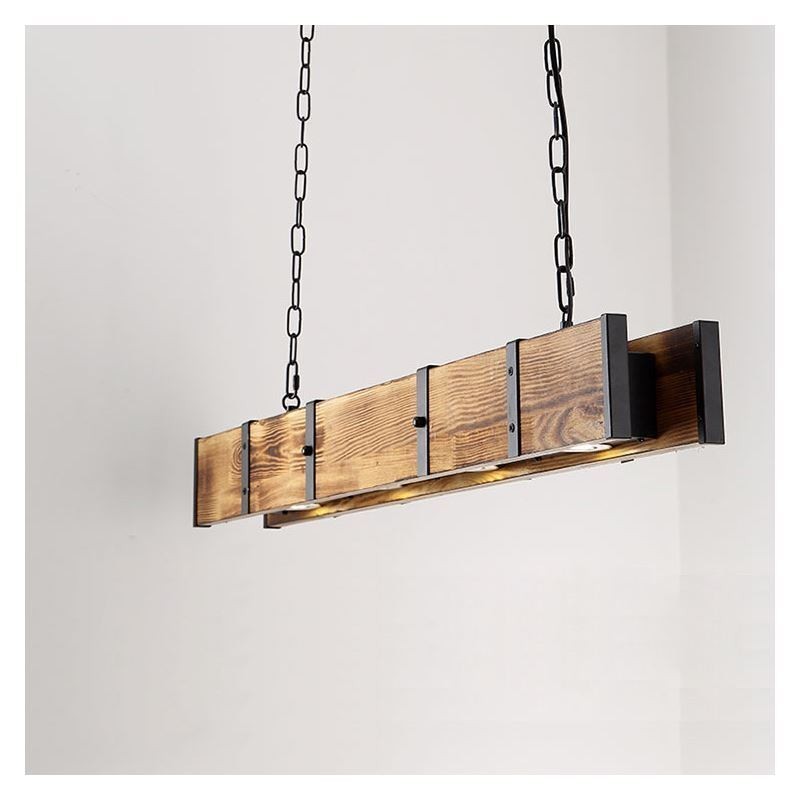 Lampada a sospensione industriale rettangolare in legno e ferro 4 luci LED 20 W