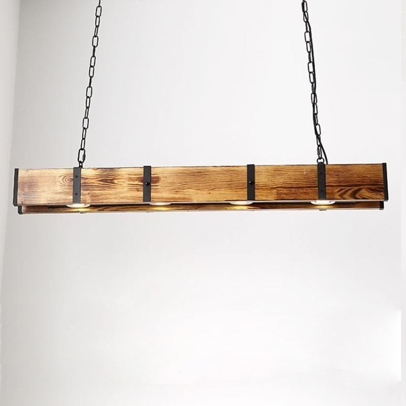 Lampada a sospensione industriale rettangolare in legno e ferro 4 luci LED 20 W