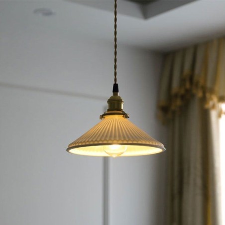 Lampada a sospensione giapponese in ceramica plissettata retrò, base in ottone, E26/E27, 23×13 cm