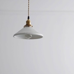 Lampada a sospensione giapponese in ceramica plissettata retrò, base in ottone, E26/E27, 23×13 cm