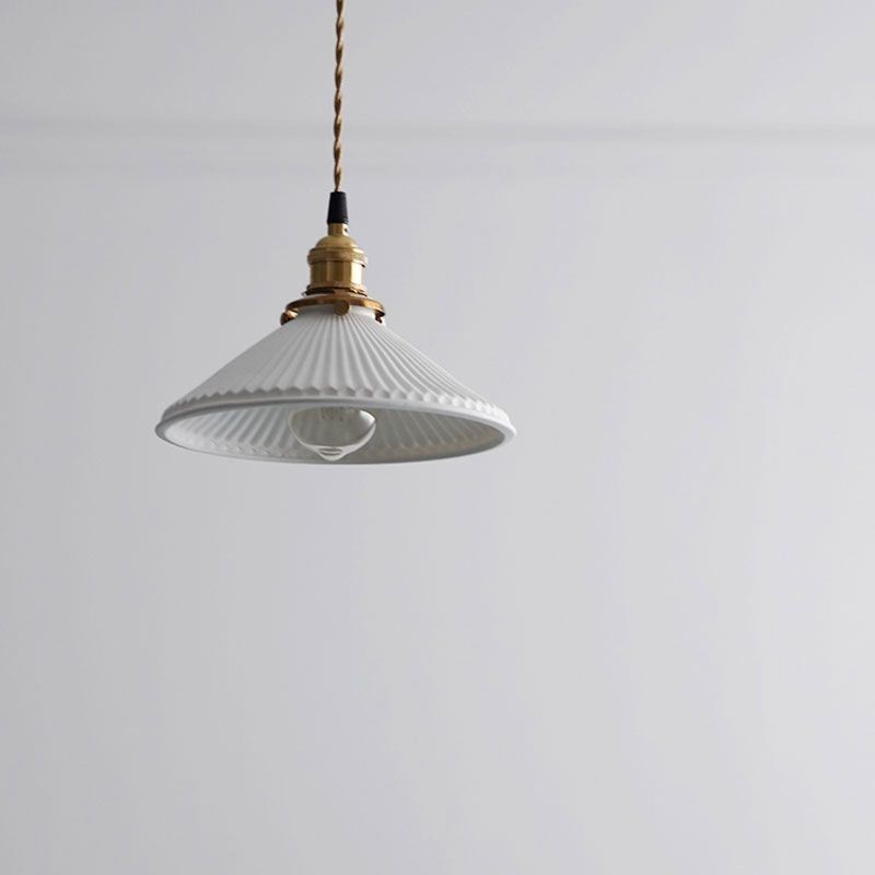 Lampada a sospensione giapponese in ceramica plissettata retrò, base in ottone, E26/E27, 23×13 cm