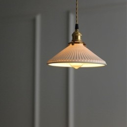 Lampada a sospensione giapponese in ceramica plissettata retrò, base in ottone, E26/E27, 23×13 cm