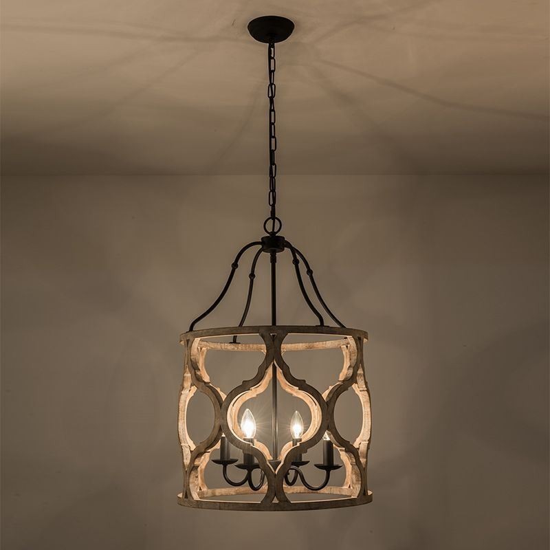 Lampada a sospensione a lanterna vintage 4 luci in legno E12/E14 48×72 cm