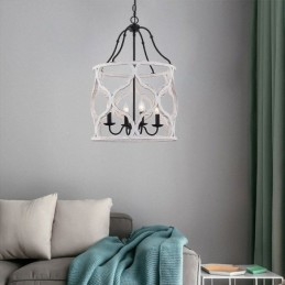 Lampada a sospensione a lanterna vintage 4 luci in legno E12/E14 48×72 cm
