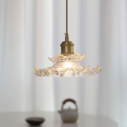 Lampada a sospensione giapponese in vetro loto, ottone, 25 x 15 cm