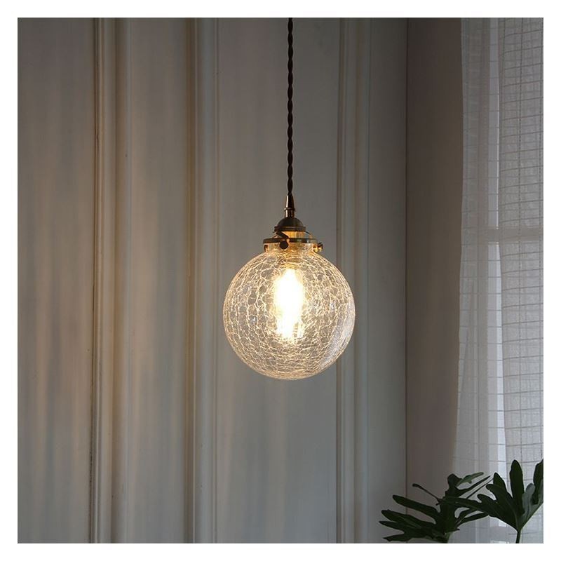 Lampada a sospensione in vetro crackle moderna con fissaggio in ottone