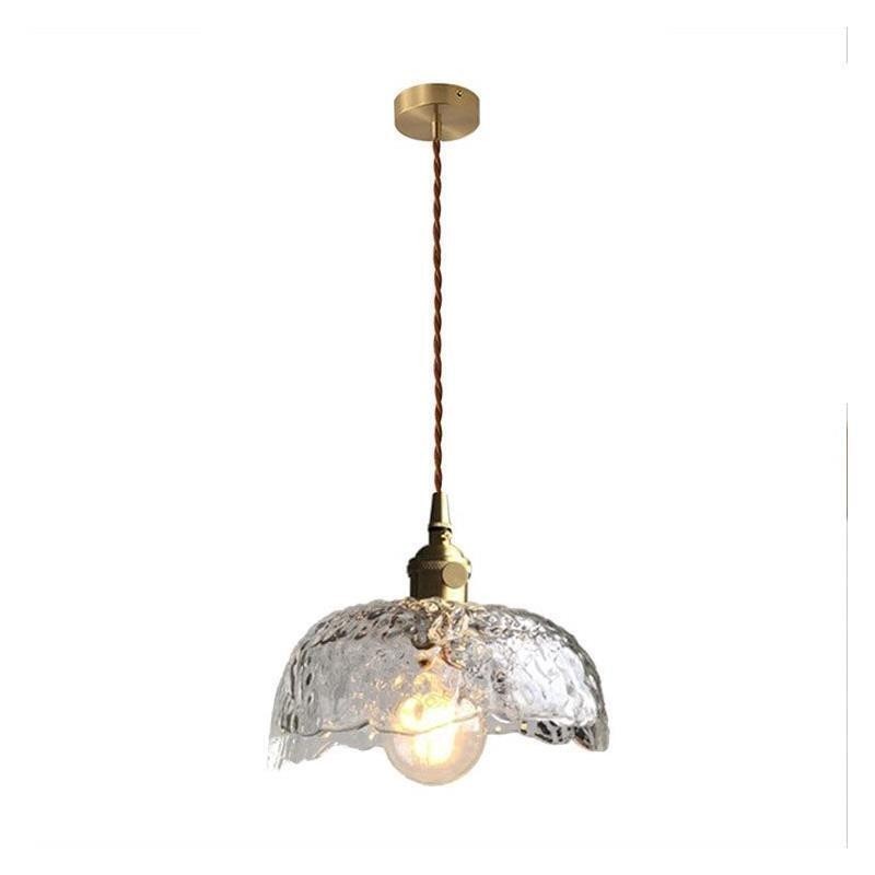 Lampada a sospensione in vetro martellato e ottone