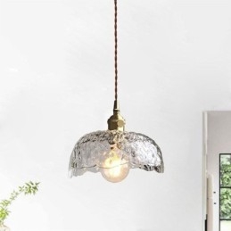 Lampada a sospensione in vetro martellato e ottone