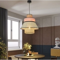 Lampada a sospensione in bambù intrecciato con paralume in tessuto, 1 luce, E26/E27