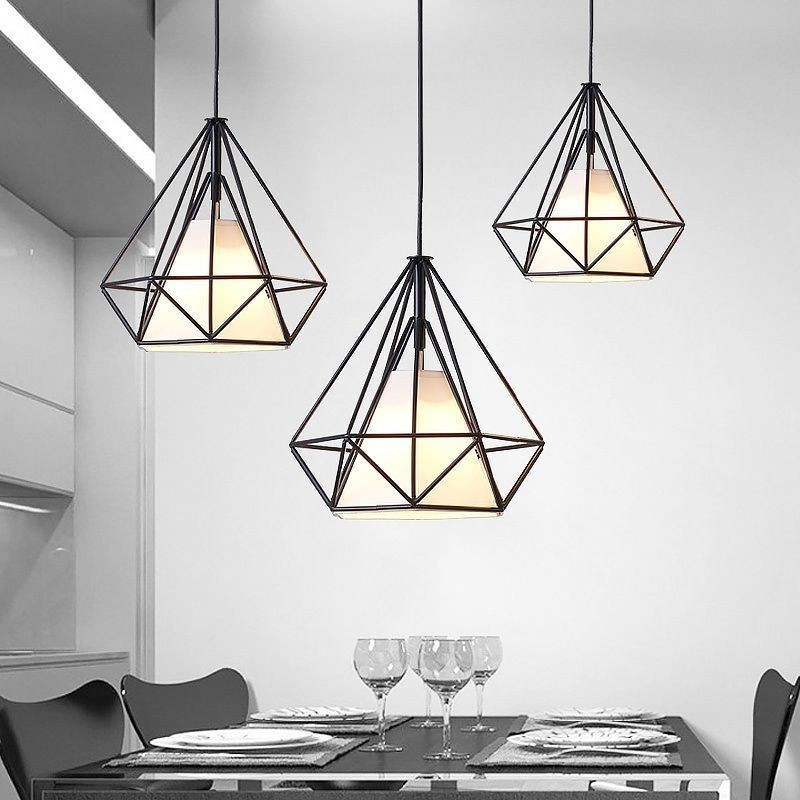 Lampada a sospensione a diamante moderna minimalista, 3 luci, attacco E26/E27, cavo regolabile 100 cm