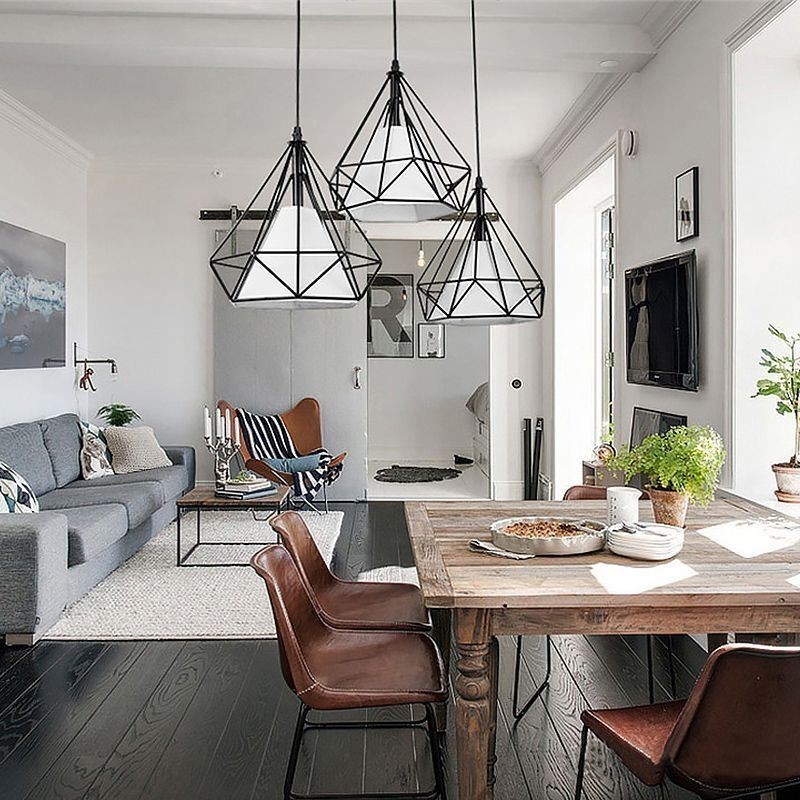 Lampada a sospensione a diamante moderna minimalista, 3 luci, attacco E26/E27, cavo regolabile 100 cm