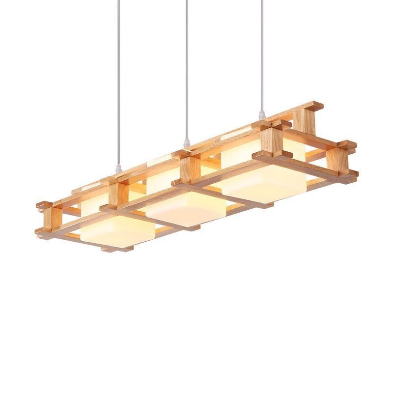 Lampada a sospensione in rovere a 3 luci con paralumi in vetro, stile nordico