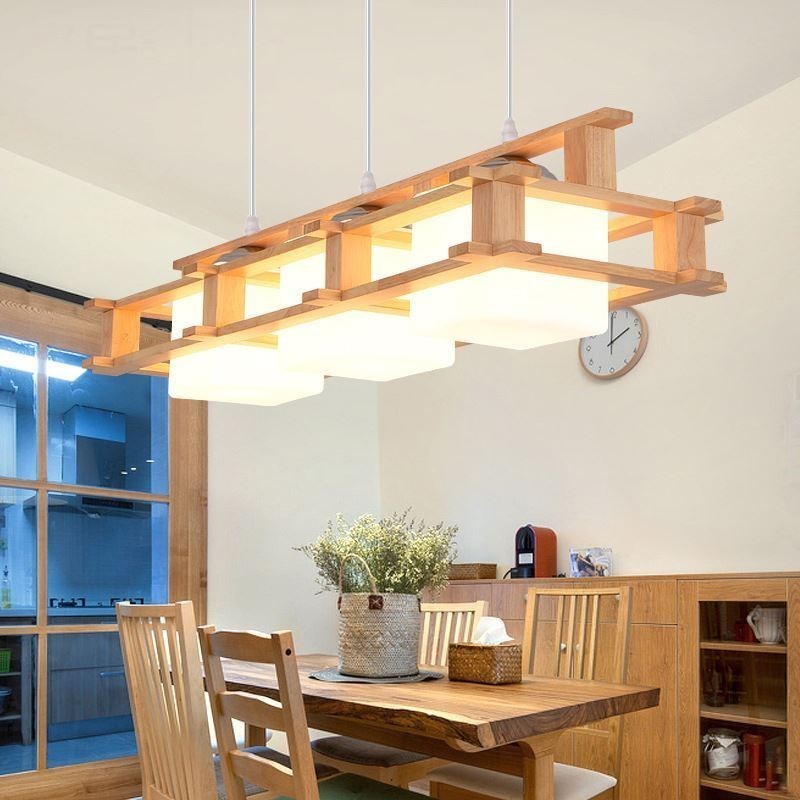 Lampada a sospensione in rovere a 3 luci con paralumi in vetro, stile nordico