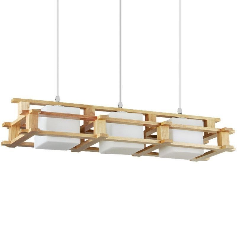Lampada a sospensione in rovere a 3 luci con paralumi in vetro, stile nordico