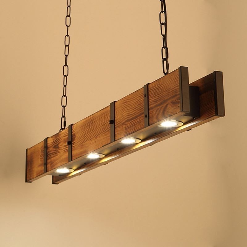 Lampada a sospensione industriale rettangolare in legno e ferro 4 luci LED