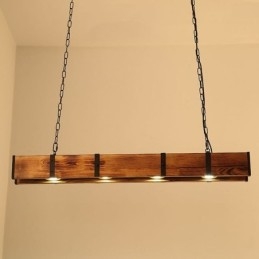 Lampada a sospensione industriale rettangolare in legno e ferro 4 luci LED