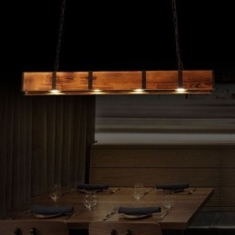 Lampada a sospensione industriale rettangolare in legno e ferro 4 luci LED