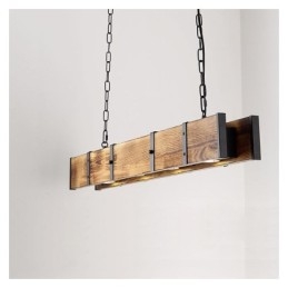 Lampada a sospensione industriale rettangolare in legno e ferro 4 luci LED