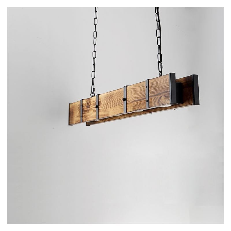 Lampada a sospensione industriale rettangolare in legno e ferro 4 luci LED