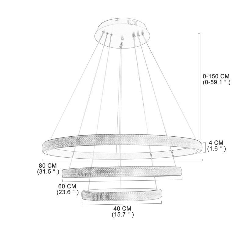 Lampada a sospensione LED moderna in acrilico con 3 anelli 80+60+40 cm