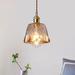 Lampada a sospensione giapponese mini in vetro ambra con attacco in ottone