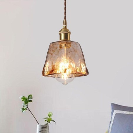 Lampada a sospensione giapponese mini in vetro ambra con attacco in ottone