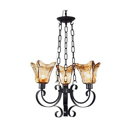 Lampadario classico tradizionale in metallo dipinto nero con paralumi in vetro trasparente, 3 luci