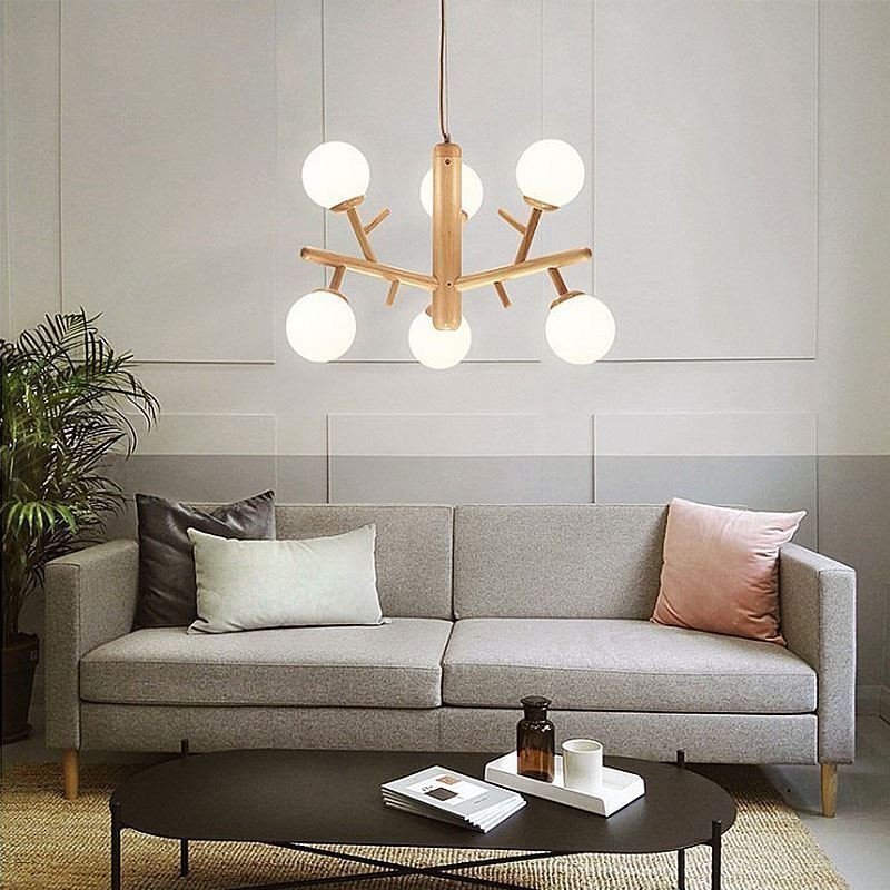 Lampada a sospensione nordica in legno e vetro 3/6 luci E26/E27 cavo 130 cm