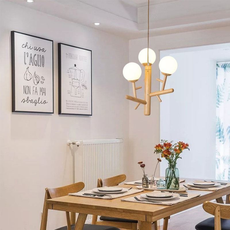 Lampada a sospensione nordica in legno e vetro 3/6 luci E26/E27 cavo 130 cm